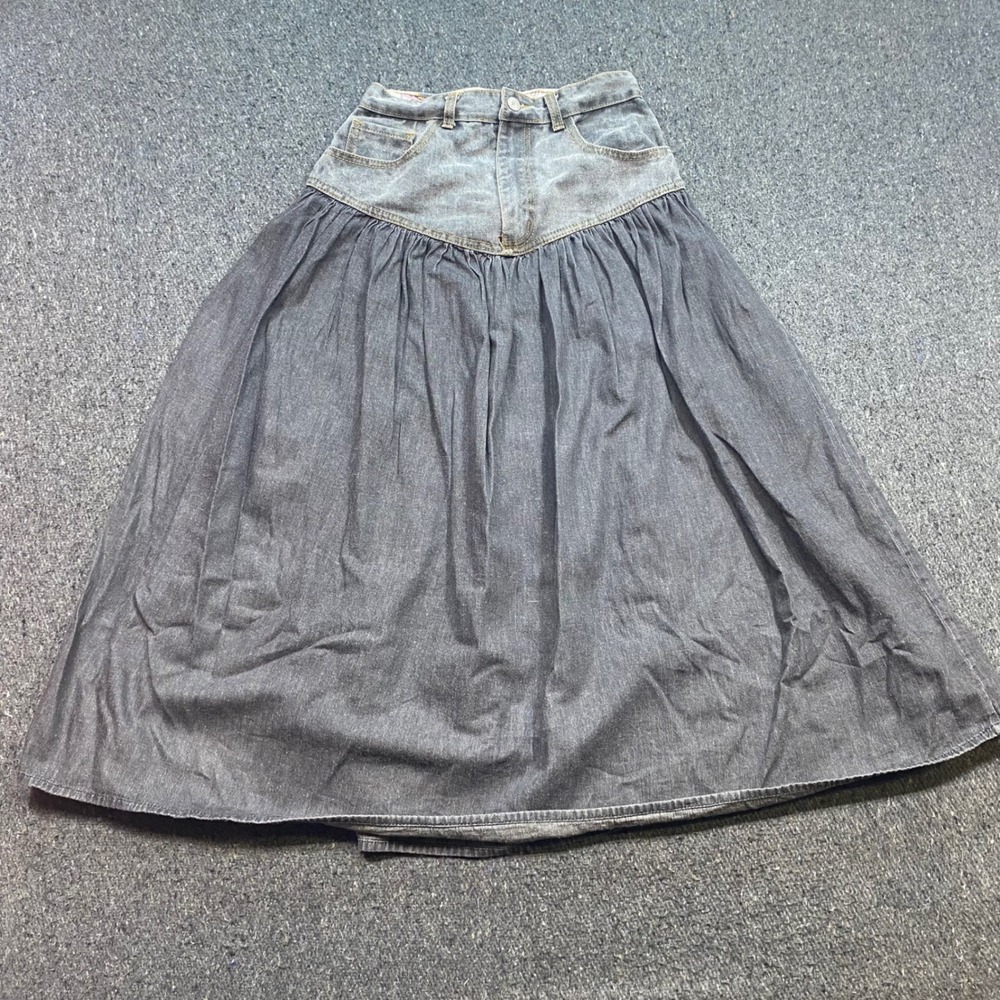 Denim Maxi Skirt Sz 9/10 Womens Grey Boho Grunge Western Yoke Gathered 90s Retro